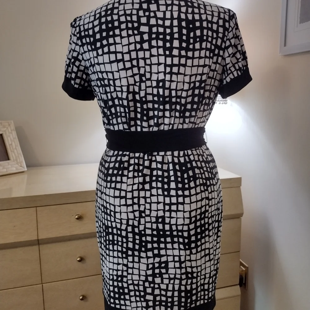 Chaps XL Black Ivory Abstract Classic Collared Short Sleeve Belted Shirt Waist - Picture 6 of 11
